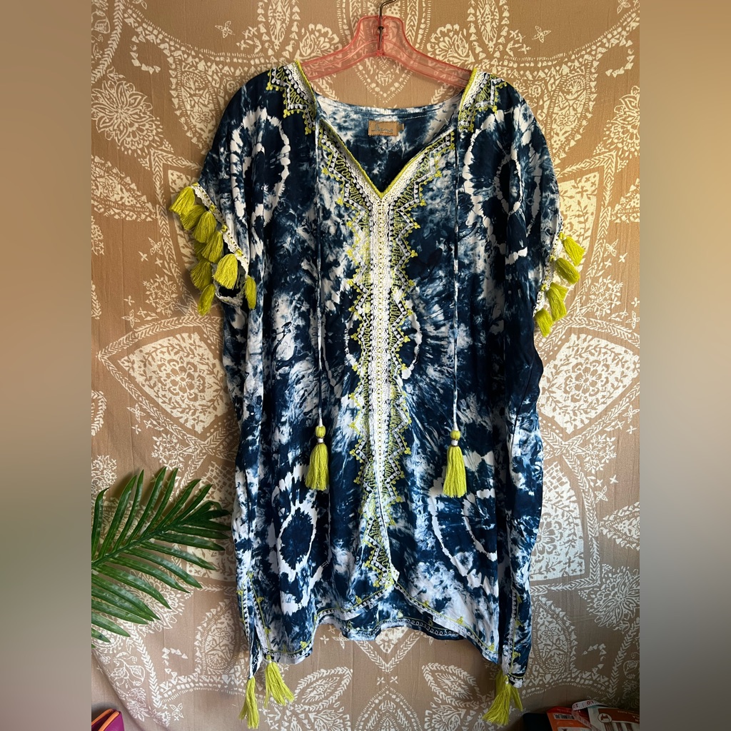 Skemo Blue & White Toe Dye Kaftan With Yellow Embroidery & Tassels